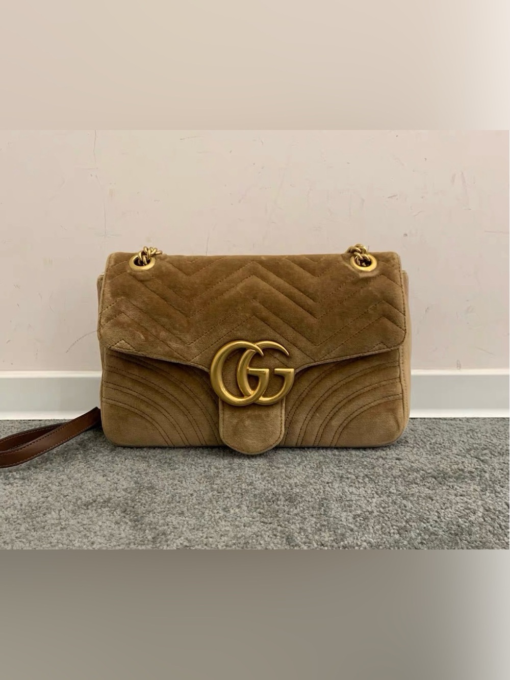 Gucci Tan Suede GG Marmont Shoulder Bag with Gold Hardware
